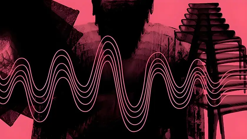 Conceptual abstract illustration showing AI-generated music platforms facing copyright law challenges, with digital waveforms overlaid on legal documents