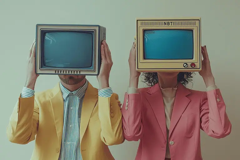 Two people holding tv's in front of their faces and abstract example of how uk synch rates compare internationally