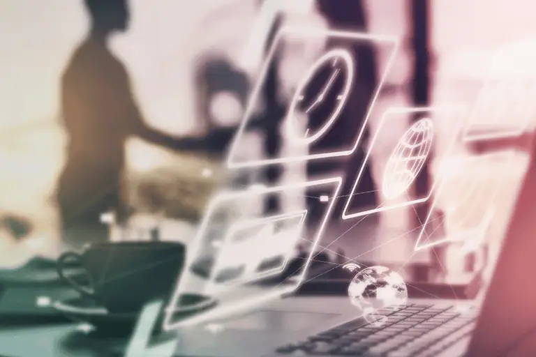 A close up image of a computer and many icons reflecting the major record label internship application timeline showing September-October application window, November-December interview phase, and January-April placement start dates