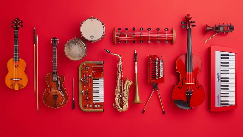 A selection of musical instruments representing that modern music artists have a lot of skills to master in their artist career development