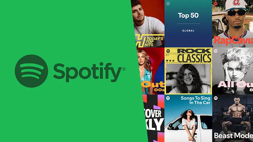 A collage of the Spotify logo showing independent artist the correct methods of how to get on Spotify playlists in 2025