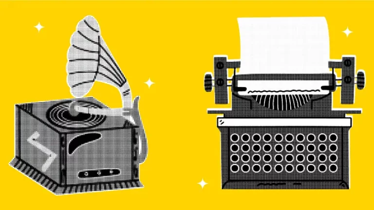 A gramophone and a typewriter both used in the creation of music publishing contracts