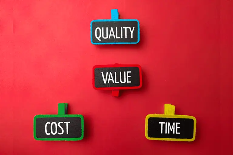 A board with words saying quality, value, cost and time which are all very important considerations for how to build a fanbase as a musician