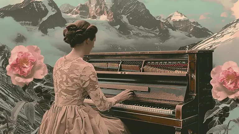 A lone woman playing the piano in the wilderness representing how incresingly difficult it is and showing how independent musicians make money in 2025