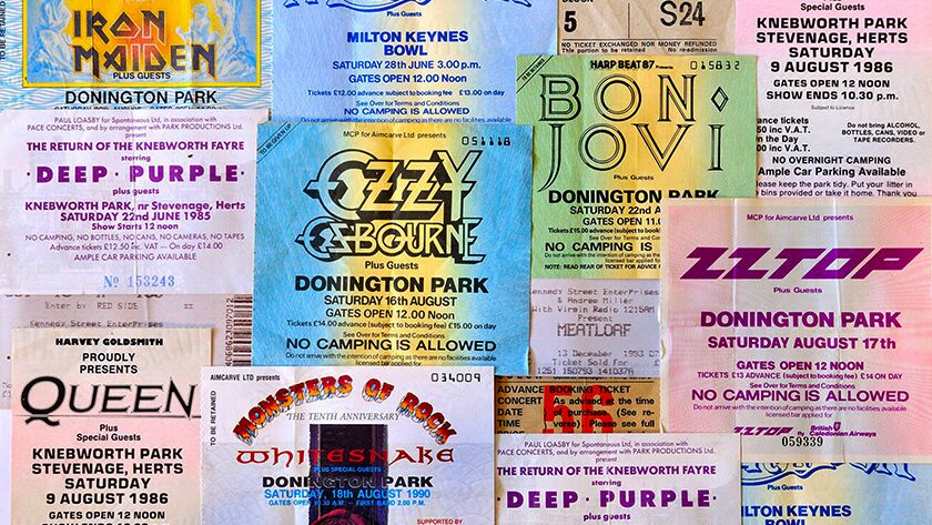 A collage and collection of classic rock concert tickets representing ticket touting and scaping has been around for a long time in the wake of the UK ticket resale ban in 2025