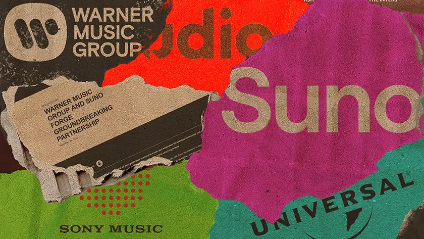 Warner Music Group and Suno logos merged in digital collage representing the unprecedented November 2025 licensing settlement that created a two-tier music industry where major label artists receive AI revenue and legal protection and what the Warner Suno Deal Means for Independent Artists