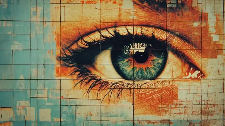 A close-up artistic painting of a woman's eye with fragmented geometric patterns, symbolising the complex algorithmic targeting that Meta's Andromeda system uses to analyse musicians' Facebook ad creative
