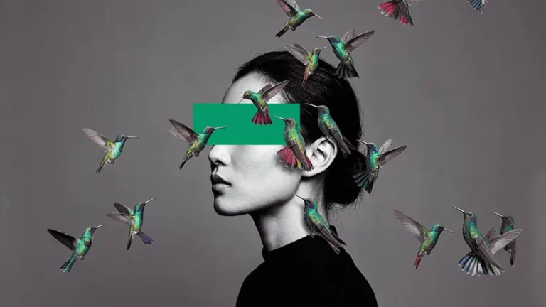 A surreal portrait of a woman's face with a green bar across her eyes and with hummingbirds flying around here, symbolising the complex algorithmic targeting that Meta's Andromeda system uses to analyse musicians' creative Facebook adverts