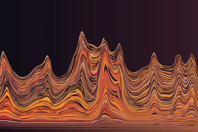 Abstract digital waveform with peaks and valleys in gradient colors, illustrating campaign analytics data that musicians must monitor weekly to optimise Facebook ad performance post-Andromeda

