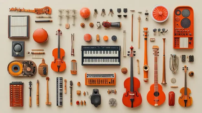 Collage of 20+ diverse musical instruments arranged on cream background, symbolising the realistic timeline for musicians to break through into the modern music industry with budget analysis