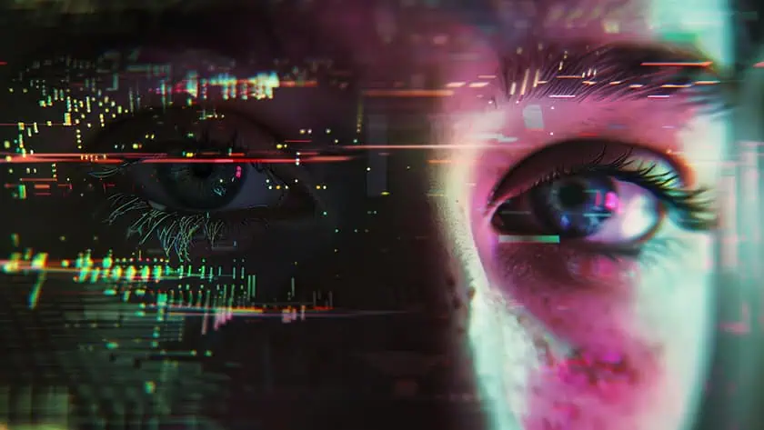 A woman's face close up, merging with computer code asking and referencing what the UK Government's AI Copyright u-turn will mean for artists and musicians