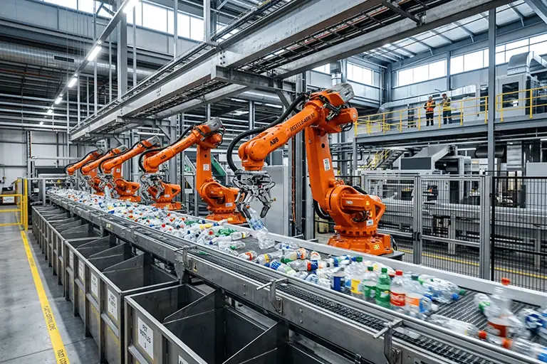 Robotic arms sorting plastic bottles on an assembly line, mirroring how AI tracks roll onto streaming platforms in bulk with no audience waiting