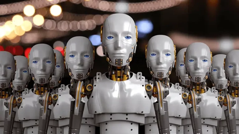 A group of android robots stood together facing the viewer, representing the audience of machines listening to AI generated music